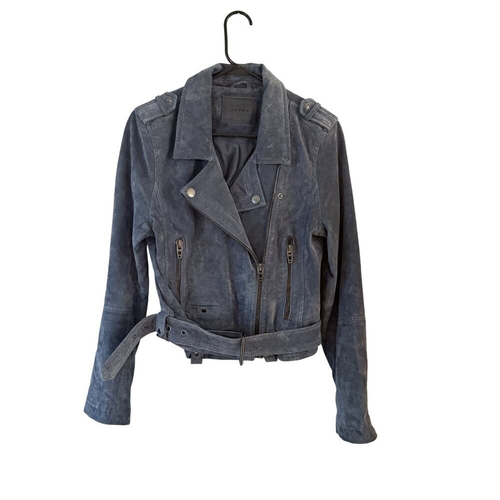 Blanknyc Womens Blue Leather Moto Jacket With Belt Waist & Zipper Pockets Size M